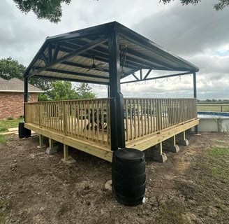 Black Metal Patio with Wood Deck and Pool