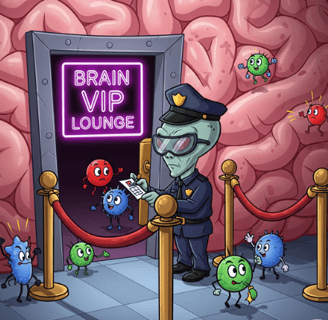 Brain security: a cartoon of a molecule VIP lounge with an alien bouncer, illustrating the brain's selective access control