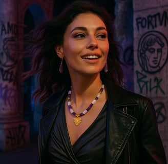 a woman in a black leather jacket and a necklace