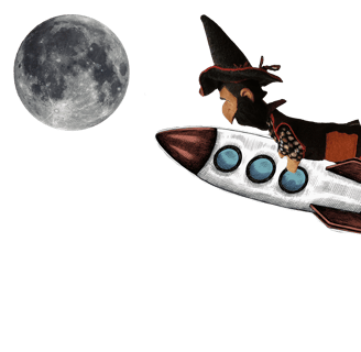 Der Räuber Hotzneplotz fliegt auf einer Rakete Richtung Mond
