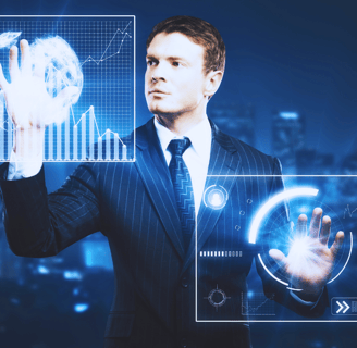 A business leader in a suit adjusts holographic bar charts using both hands on a large glass touchscreen.
