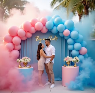 Luxury gender reveal party scene featuring a happy couple celebrating amidst pink and blue smoke, elegant balloon garlands, a