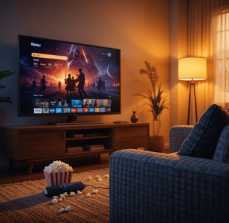 sala de star com o aparelho roku stick 4k e uma tv sobre um rack.
