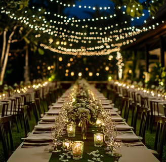 a long table with candles and candles on it