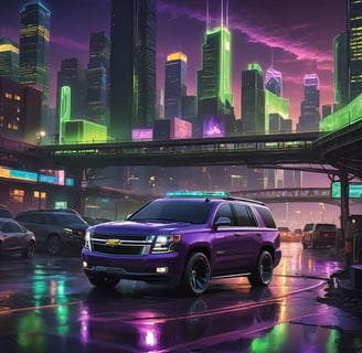 a purple suv parked in front of a bridge