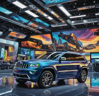 a blue jeep parked in a showroom
