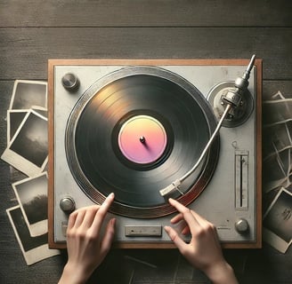 2 manos poniendo una canción de un vinilo. hay fotos polaroid en mesa evocando recuerdos