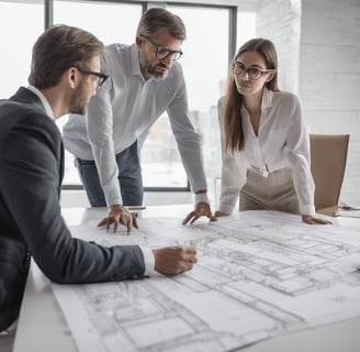 An architect discussing plans with clients, emphasizing the importance of personalized design