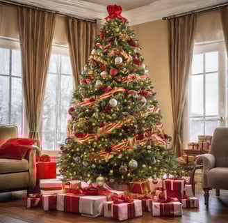 a box filled with cookies next to a christmas tree
