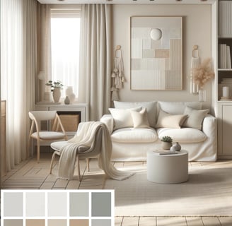 A palette of Japandi neutral colors and a small living space styled in these tones