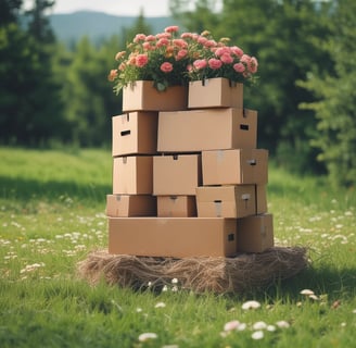 a stack of boxes with flowers on top of it in a meadow