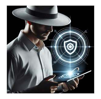 a man in a white hat holding a tablet with a shield 