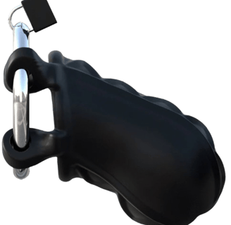 a picture black male chastity cage with a  chrome metal ring on a clear background