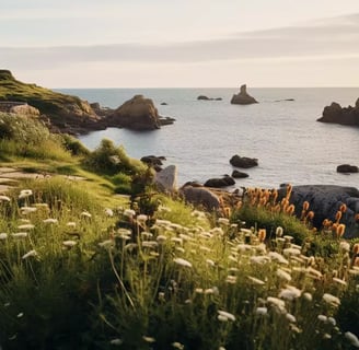 Magnifique vue de la Presqu'île de Crozon, on y voit de la végétation en bord de mer et des roches