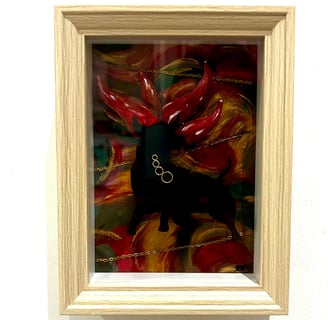 Ilona Paris painting, a picture of a picture of a bull with fire