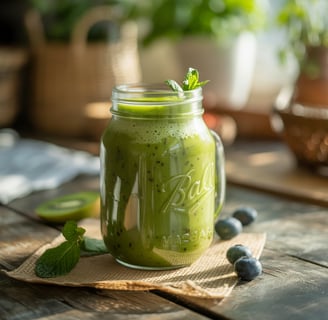 A vibrant green matcha smoothie in a mason jar garnished with fresh mint,blueberries and sliced kiwi