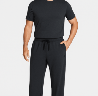 a man in a black shirt and Baleaf cotton sweatpants