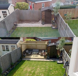 bnefore and after of a party deck with open pergola and built in privacy screens