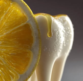 Uma fatia de limão, um dente e uma gota com sumo de limão