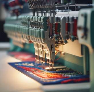 Two men are engaged in a manual screen-printing process in an industrial setting. They are using large screens to apply patterns onto fabrics. The environment appears to be a workshop with various tools and materials scattered around. Ambient lighting creates a focused but slightly dim atmosphere.