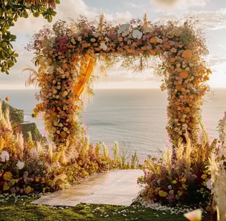 a wedding ceremony with a floral arch