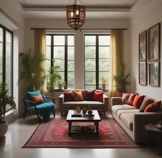 a living room with a couch and a table