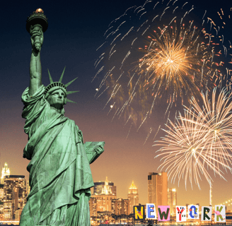 a statue of liberty and fireworks in the background