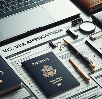 Documentos organizados para a solicitação de visto americano, incluindo passaporte, formulários e uma lista de verificação.