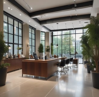 A modern interior space of an entrepreneurship center with large glass windows and open doors. The room contains people sitting at tables, engaging in various activities. The sleek design features metal railings and exposed ductwork in the ceiling, creating an industrial feel.