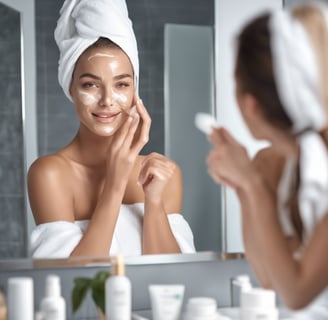 woman in white tank top in bathroom applying moisturiser