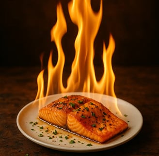 Blackened salmon fillet dramatically engulfed in tall flames on a plate, symbolizing intense heat and bold flavor.