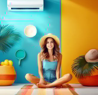 Smiling Colourful Summer Dressed Girl Sitting on a carpet cooled by an Air Con in the back