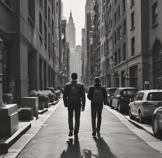 two people walking down a city street with cars parked on the sidewalk