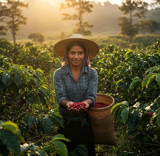 a woman in a straw hat holding a basket of coffee beans