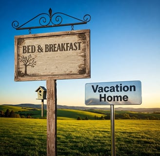 Un paesaggio con dei cartelli che indicano la presenza di un bed & breakfast e una casa vacanze