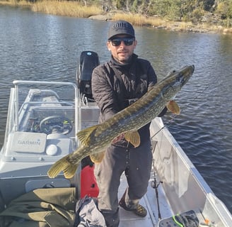 un pêcheur est sur un bateau de pêche , le bateau est un "linder 460". il a beau brochet en suede. .