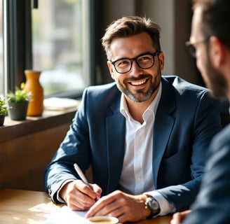 Zwei Männer unterhalten sich sitzend an einem Tisch