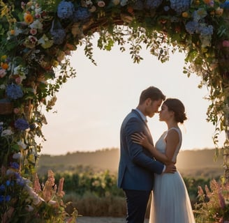 Mariage romantique, Arche fleurie avec compositions pastel, sol pavé, ambiance féerique