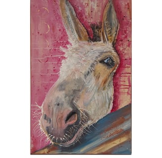 a painting of a donkey head with a pink background