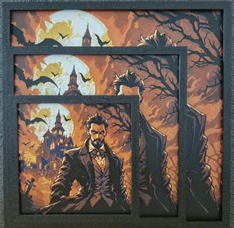 3D printed art panel of Dracula and his gothic castle, available in three different sizes