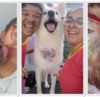 os proprietarios da miau banho e tosa com seus clientes lindo