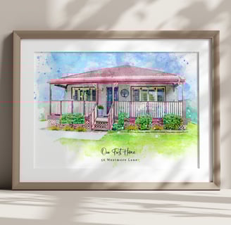 Framed watercolour painting of a house leaning against the wall with shadows
