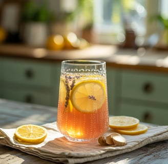 A refreshing glass of homemade healthy lemonade infused with lemon slices,fresh ginger, and lavender