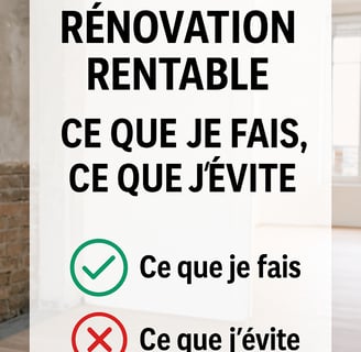 Visuel de blog “Rénovation rentable : Ce que je fais, ce que j’évite”, montrant un intérieur avant/a