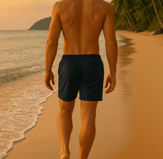 a man walking on the beach in his Aolesy gym shorts with his back to the camera