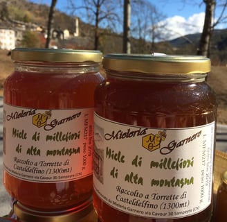 due barattoli di miele di millefiori di alta montagna di Torrette  con sfondo un paesaggio montano