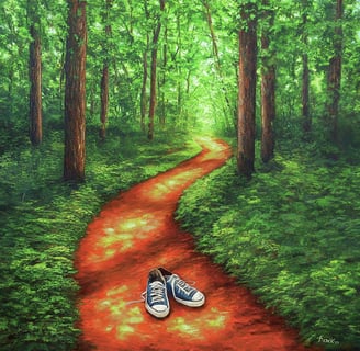 a pair of sneakers with a pair of sneakers on a path