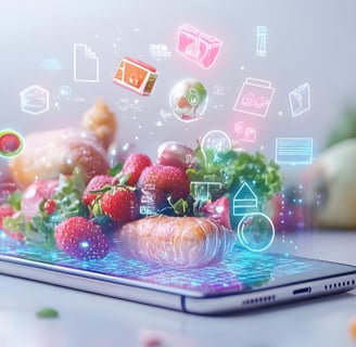Gezonde voeding komt uit een tablet, visualisatie van online voedingsadvies of recepten.