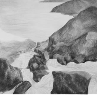 a drawing of a rocky beach with rocks and water