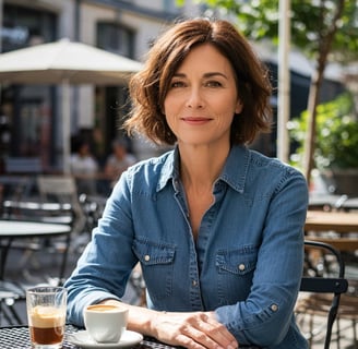 Femme brune assise devant une tasse de café